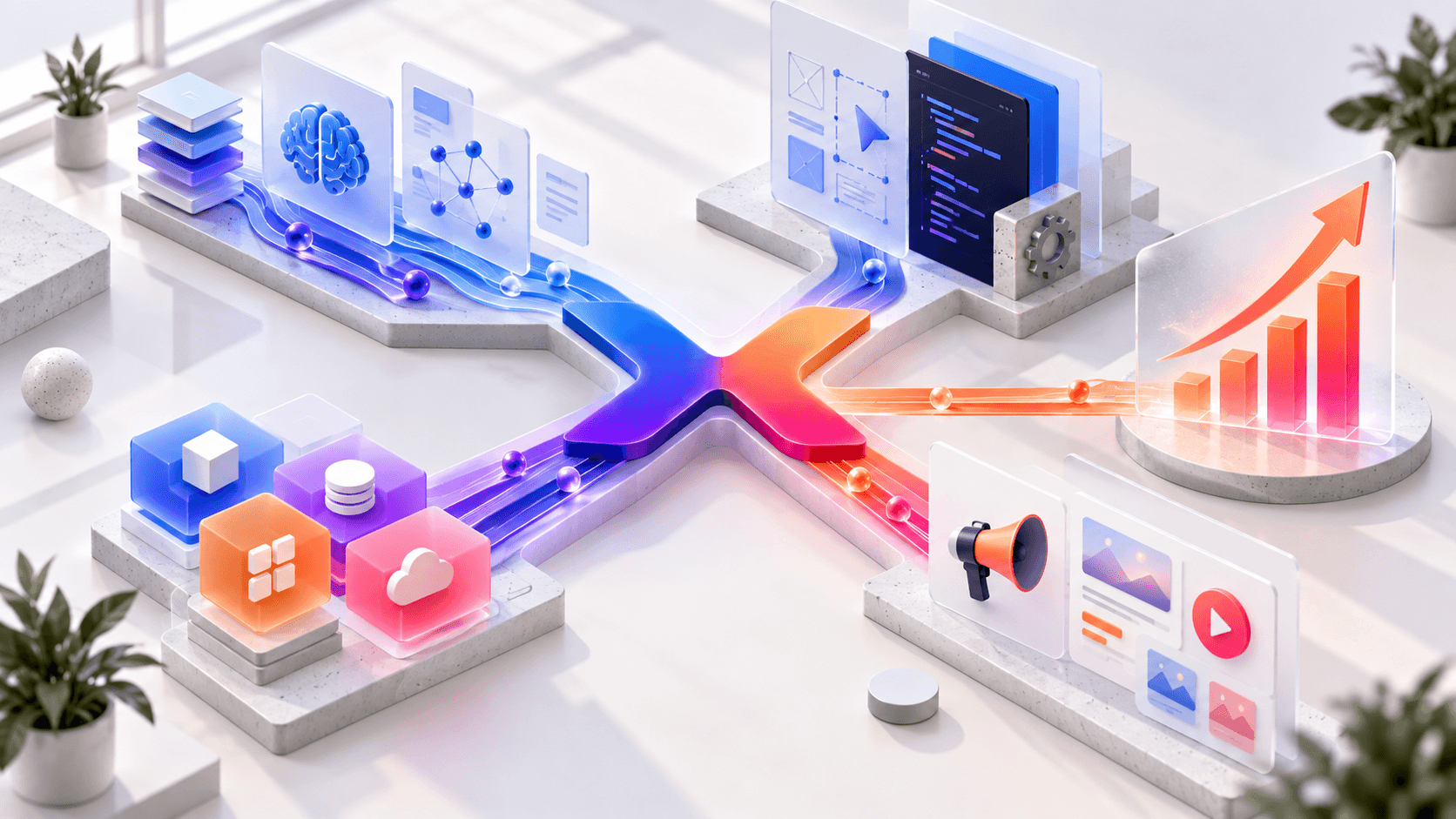 Illustration showing AI agents custom software products and growth connected through one SpaarxLab studio